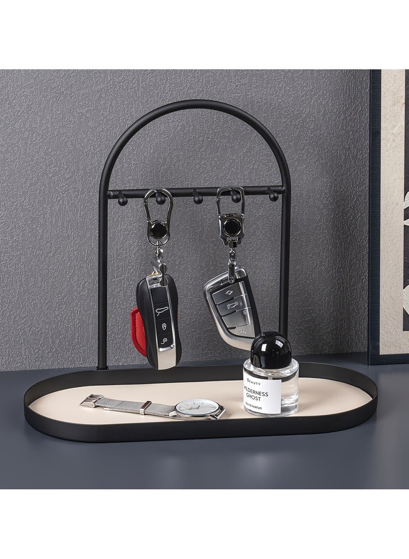 Modern Metal Key Holder and Organizer - Oval Entryway Tray with Hooks for Keys Watches Jewelry - Durable Bathroom Desk Countertop Storage -  Minimalist Design - Image 1