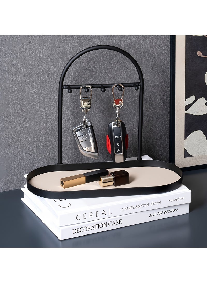 Modern Metal Key Holder and Organizer - Oval Entryway Tray with Hooks for Keys Watches Jewelry - Durable Bathroom Desk Countertop Storage -  Minimalist Design - Image 3