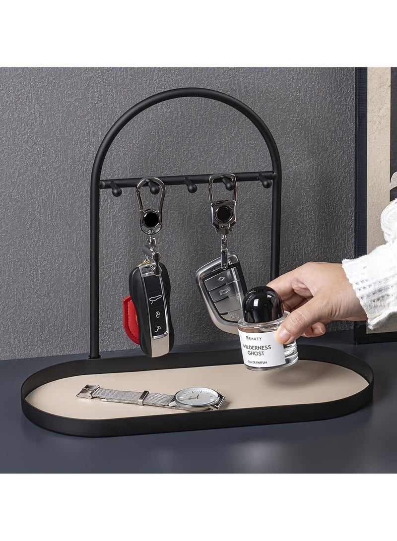 Modern Metal Key Holder and Organizer - Oval Entryway Tray with Hooks for Keys Watches Jewelry - Durable Bathroom Desk Countertop Storage -  Minimalist Design - Image 4