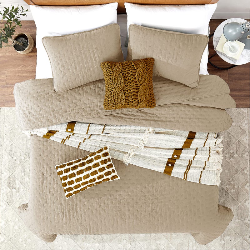 ROARINGWILD Beige Cloud Twin Size Quilt Bedding Sets with Pillow Sham, Farmhouse Lightweight Soft Bedspread Coverlet, All Season Rustic Country Thin Comforter, 2 Pieces, 68x90 inches, Tan Cream - Image 2