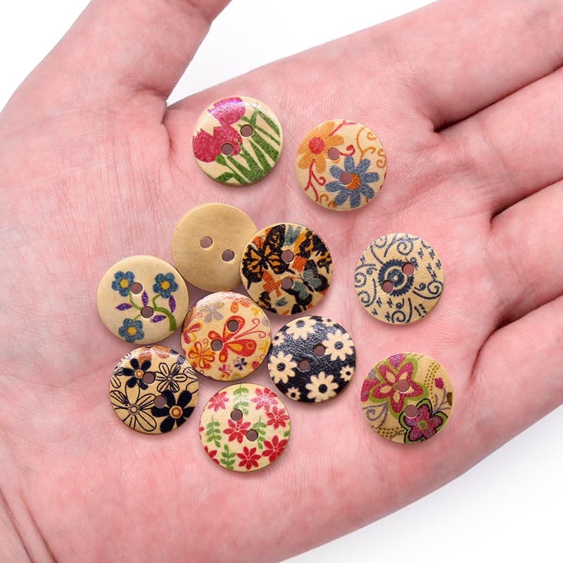 SEMINI 200 Pieces 0.6in Mixed Color Painted Flower Colorful Patterns Wooden Buttons for Sewing Crafts Clothes Bags(Color 8(Wood)) - Image 4