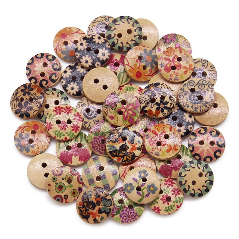 SEMINI 200 Pieces 0.6in Mixed Color Painted Flower Colorful Patterns Wooden Buttons for Sewing Crafts Clothes Bags(Color 8(Wood)) - Image 5