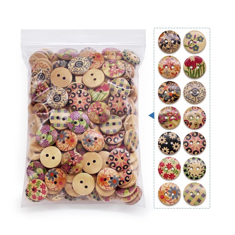 SEMINI 200 Pieces 0.6in Mixed Color Painted Flower Colorful Patterns Wooden Buttons for Sewing Crafts Clothes Bags(Color 8(Wood)) - Image 1
