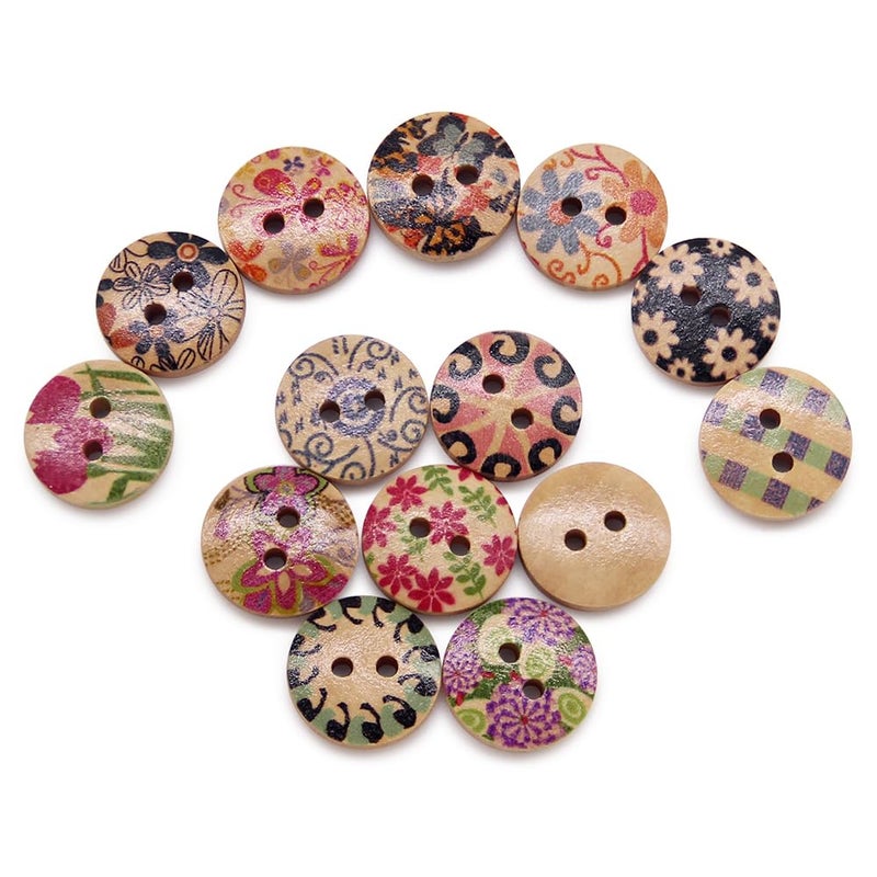 SEMINI 200 Pieces 0.6in Mixed Color Painted Flower Colorful Patterns Wooden Buttons for Sewing Crafts Clothes Bags(Color 8(Wood)) - Image 3