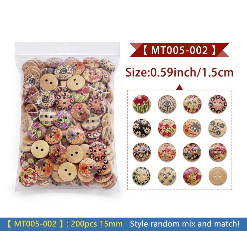 SEMINI 200 Pieces 0.6in Mixed Color Painted Flower Colorful Patterns Wooden Buttons for Sewing Crafts Clothes Bags(Color 8(Wood)) - Image 2