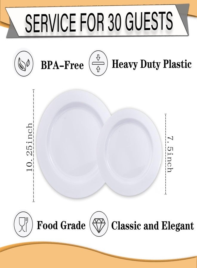 FLOWERCAT 60PCS White Plastic Plates - Heavy Duty White Disposable Plates for Birthday Party/Wedding -serve for 30 guests Include 30PCS 10.25" Dinner Plates & 30PCS 7.5" Dessert Plates for Party - Image 2