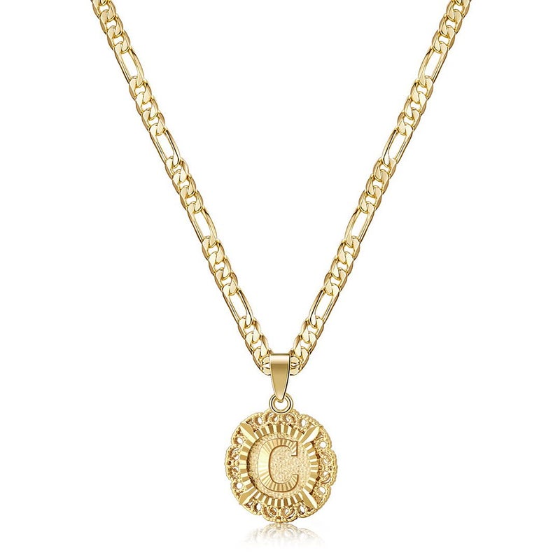 KissYan Initial Necklace for Women,14K Gold Plated Round Letter Pendant Necklace Capital Monogram Necklace Alhpabets from A-Z Figaro Chain Necklace(Gold C) - Image 1
