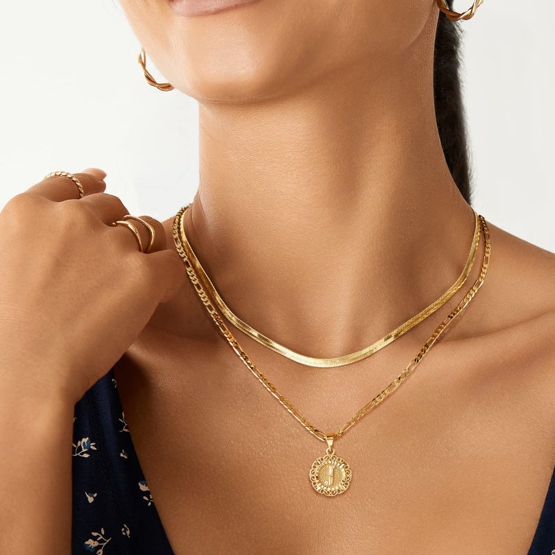 KissYan Initial Necklace for Women,14K Gold Plated Round Letter Pendant Necklace Capital Monogram Necklace Alhpabets from A-Z Figaro Chain Necklace(Gold C) - Image 3