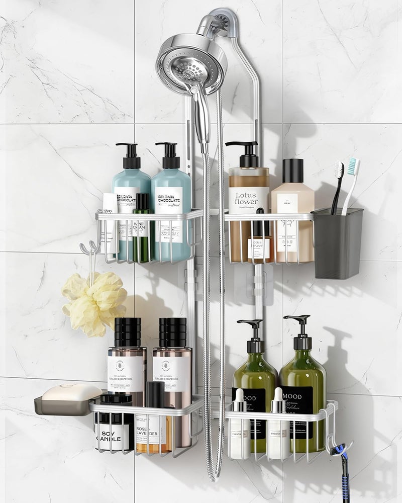 MSAICOE Adjustable Shower Caddy Hanging for Handheld Showerheads Never Rust Shower Hanging Organizer Upgraded Bathroom Shower Rack with Soap Basket Hooks and Toothbrush Holder Silver - Image 2