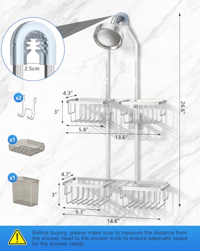MSAICOE Adjustable Shower Caddy Hanging for Handheld Showerheads Never Rust Shower Hanging Organizer Upgraded Bathroom Shower Rack with Soap Basket Hooks and Toothbrush Holder Silver - Image 3