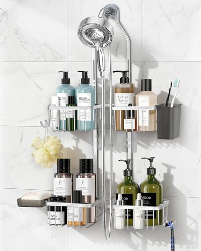 MSAICOE Adjustable Shower Caddy Hanging for Handheld Showerheads Never Rust Shower Hanging Organizer Upgraded Bathroom Shower Rack with Soap Basket Hooks and Toothbrush Holder Silver - Image 1