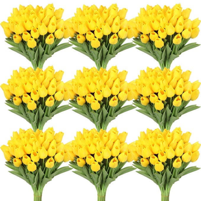 100PCS ARTIFICIAL TULIP FLOWERS FAKE PU TULIPS FAUX LATEX BOUQUET FLOWER CENTERPIECES ARRANGEMENT FLORAL FOR MOTHER DAY WEDDING SPRING DECORATIONS YELLOW