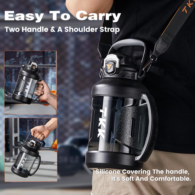 TKK زجاجة ماء رياضية TKK سعة نصف جالون مع قشة غطاء 2 في 1 آمنة في غسالة الصحون خالية من BPA مضادة للتسرب سعة كبيرة زجاجة بلاستيكية من تريتان 1/2 جالون 64 أونصة للم gym والسفر والتخييم في الهواء الطلق باللون الأسود - Image 2