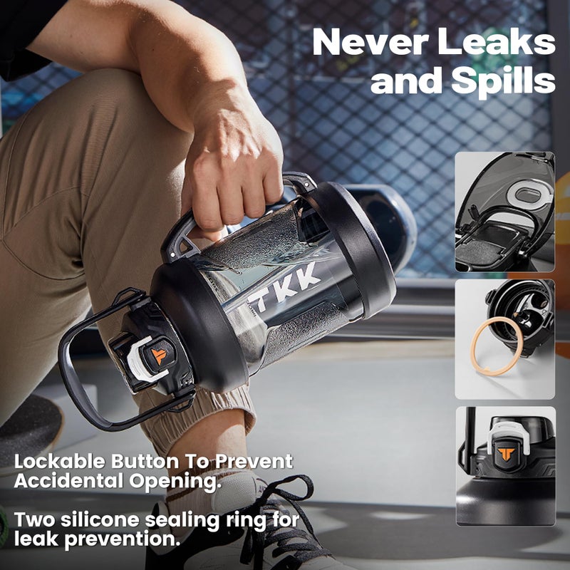 TKK زجاجة ماء رياضية TKK سعة نصف جالون مع قشة غطاء 2 في 1 آمنة في غسالة الصحون خالية من BPA مضادة للتسرب سعة كبيرة زجاجة بلاستيكية من تريتان 1/2 جالون 64 أونصة للم gym والسفر والتخييم في الهواء الطلق باللون الأسود - Image 3