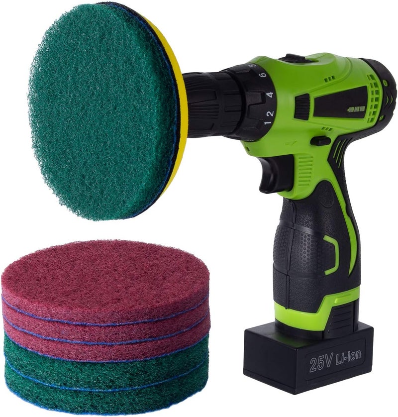 Kichwit 5 Inch Drill Powered Brush Tile Scrubber Scouring Pads, 2 Different Stiffness, 5-Inch Pad Holder with 6 Scrubbing Pads, Cleans Large Flat Areas Perfectly (Drill NOT Included) - Image 2