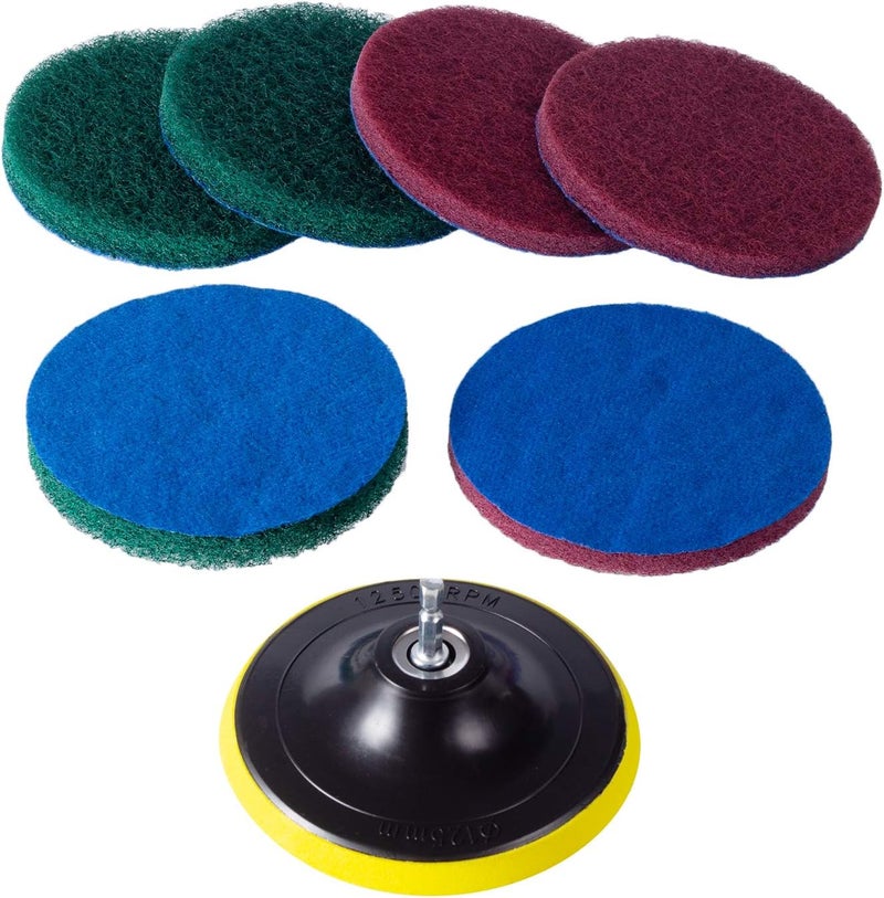 Kichwit 5 Inch Drill Powered Brush Tile Scrubber Scouring Pads, 2 Different Stiffness, 5-Inch Pad Holder with 6 Scrubbing Pads, Cleans Large Flat Areas Perfectly (Drill NOT Included) - Image 1