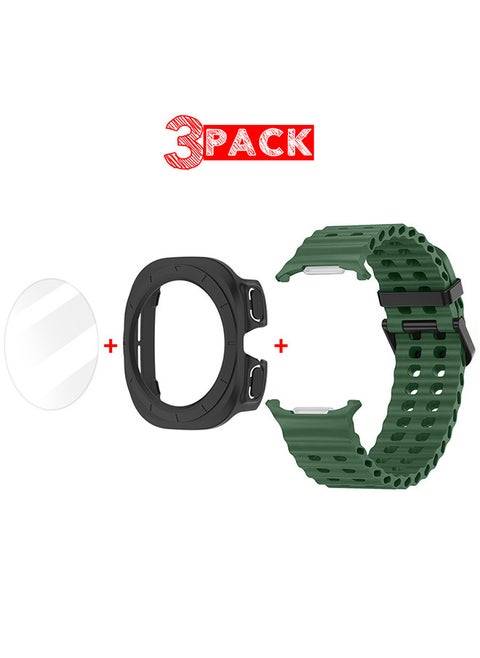 (for Samsung Galaxy Watch 7 Ultra) 3 Packs Silicone Band, Case and Screen Protector, Soft Ocean Silicone Sport Strap Replacement Accessory