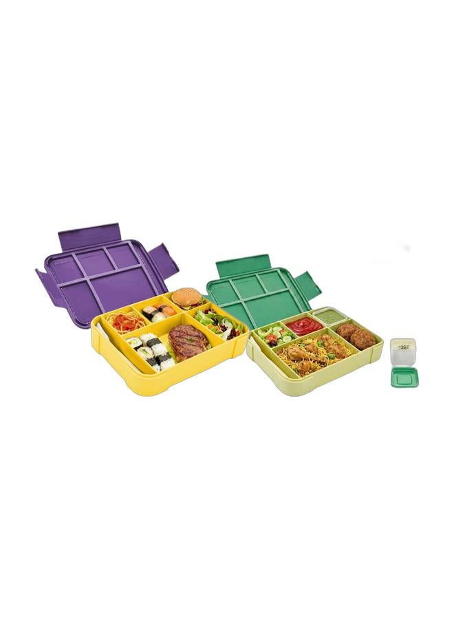 4h Essentials Premium Leak Proof Bento Lunch Box with 6 Compartments – BPA Free, Microwave Safe lunch box for Adults & Kids daily use for School, Office and Travel (Purple) & Premium Leak Proof Bento Lunch Box with 6 Compartments – BPA Free, Microwave Safe lunch box for Adults & Kids daily use for School, Office and Travel (Green) Bundle - Image 1