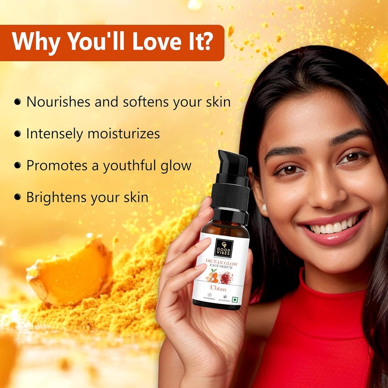 Good Vibes Ubtan DeTan Glow Face Serum 30ml Skin Brightening Natural Glow Depigmentation AntiAgeing Improves Skin Texture Helps Reduce Dullness - Image 2