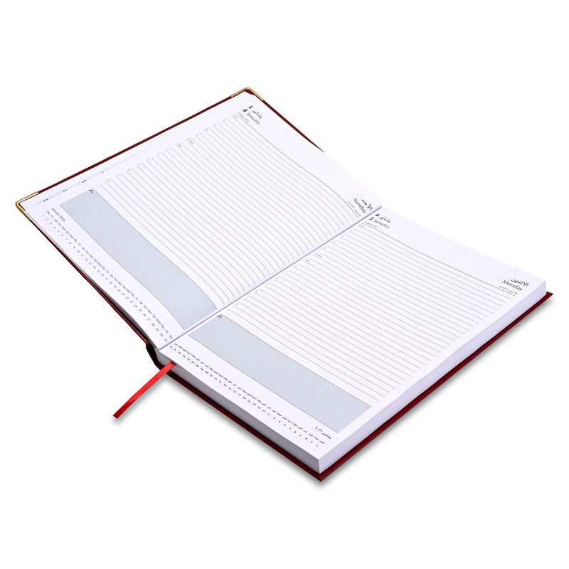 FIS مفكرة FIS 2026 A4، حجم 210x297 مم، جانب واحد مبطن بالفينيل، زوايا ذهبية، صفحة واحدة في اليوم، إنجليزي/عربي، ورق أبيض 60 جرام، غلاف ماروني - FSDI42AE26MR - Image 3