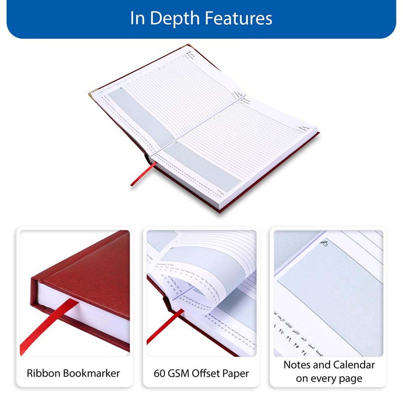 FIS مفكرة FIS 2026 A4، حجم 210x297 مم، جانب واحد مبطن بالفينيل، زوايا ذهبية، صفحة واحدة في اليوم، إنجليزي/عربي، ورق أبيض 60 جرام، غلاف ماروني - FSDI42AE26MR - Image 5
