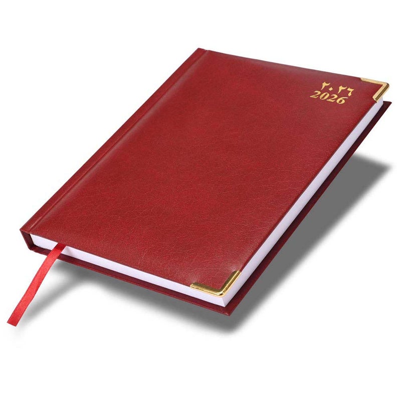 FIS مفكرة FIS 2026 A4، حجم 210x297 مم، جانب واحد مبطن بالفينيل، زوايا ذهبية، صفحة واحدة في اليوم، إنجليزي/عربي، ورق أبيض 60 جرام، غلاف ماروني - FSDI42AE26MR - Image 1