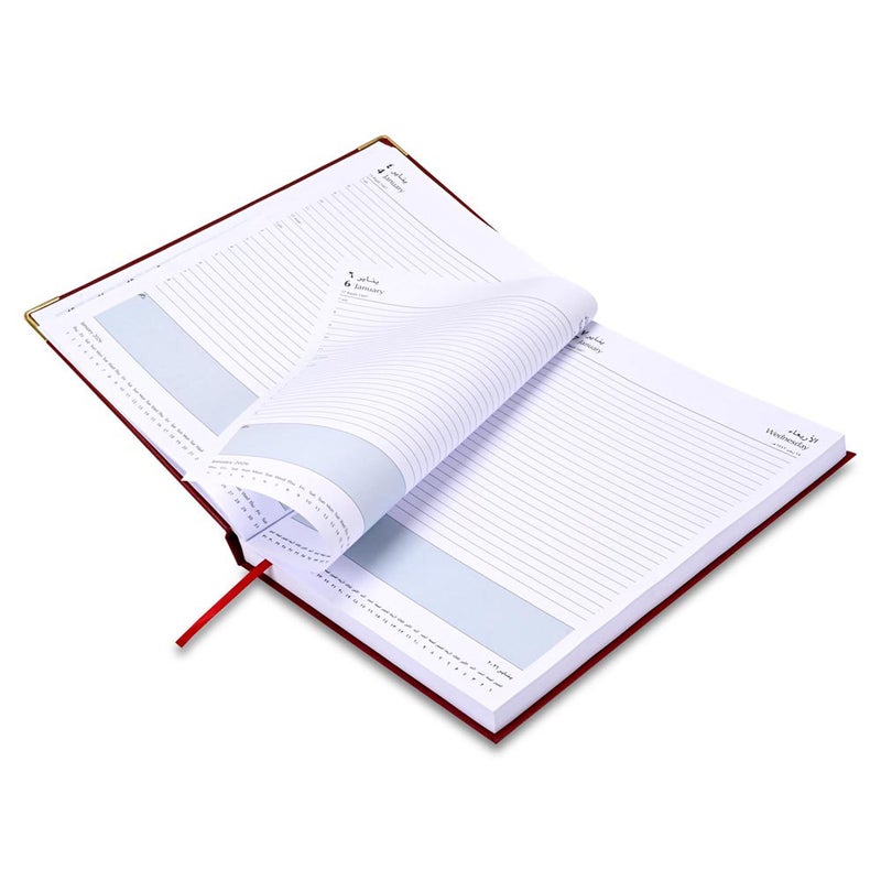 FIS مفكرة FIS 2026 A4، حجم 210x297 مم، جانب واحد مبطن بالفينيل، زوايا ذهبية، صفحة واحدة في اليوم، إنجليزي/عربي، ورق أبيض 60 جرام، غلاف ماروني - FSDI42AE26MR - Image 4