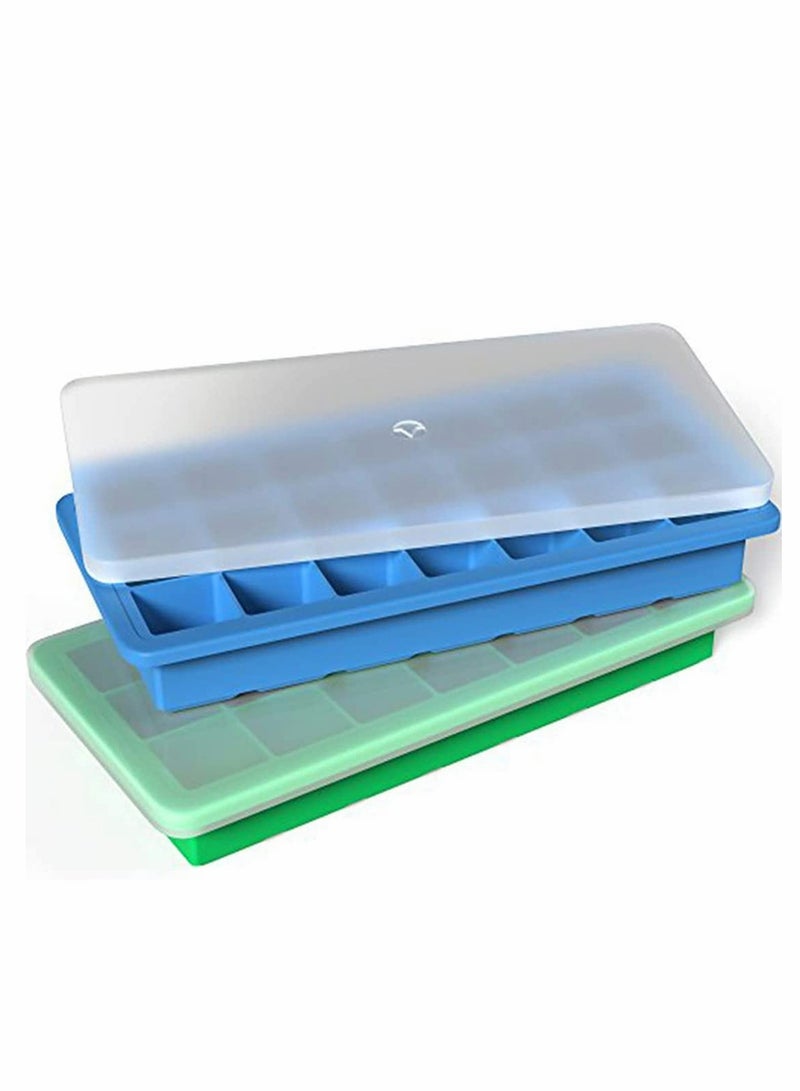 Silicone Ice Cube Trays with Plastic Lids - Set of 2 with 42 Small Square Cubes - Covered Easy Pop Push Release Rubber Mold for Cocktails Dog Treats Water Bottles - Blue Green  - Image 3