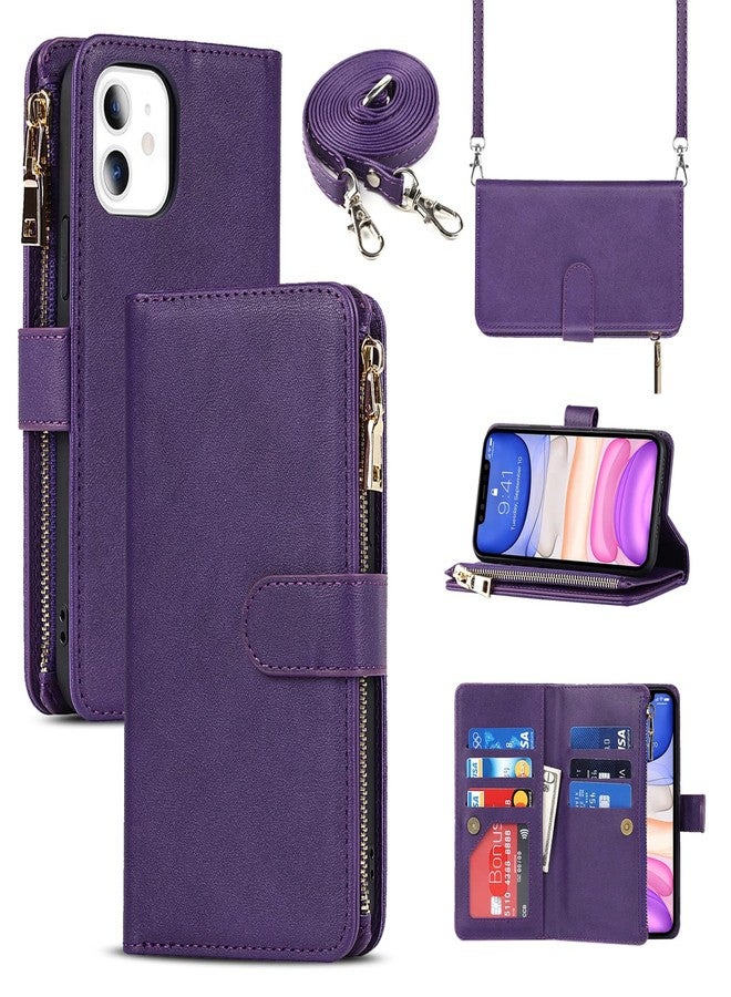 Jaorty for iPhone 11 Phone Wallet with Credit Card Holder, Crossbody Case with Strap Shoulder Lanyard, Zipper Pocket PU Leather Case for iPhone 11, 6.1 Inch Purple - Image 1