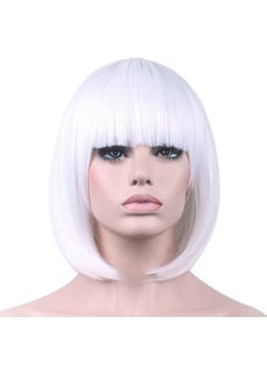 Bopocoko White Wigs for Women 12 Short White Bob Hair Wig with Bangs Natural Synthetic Soft Wig Cute Colored Wigs for Daily Party Halloween BU027WH 