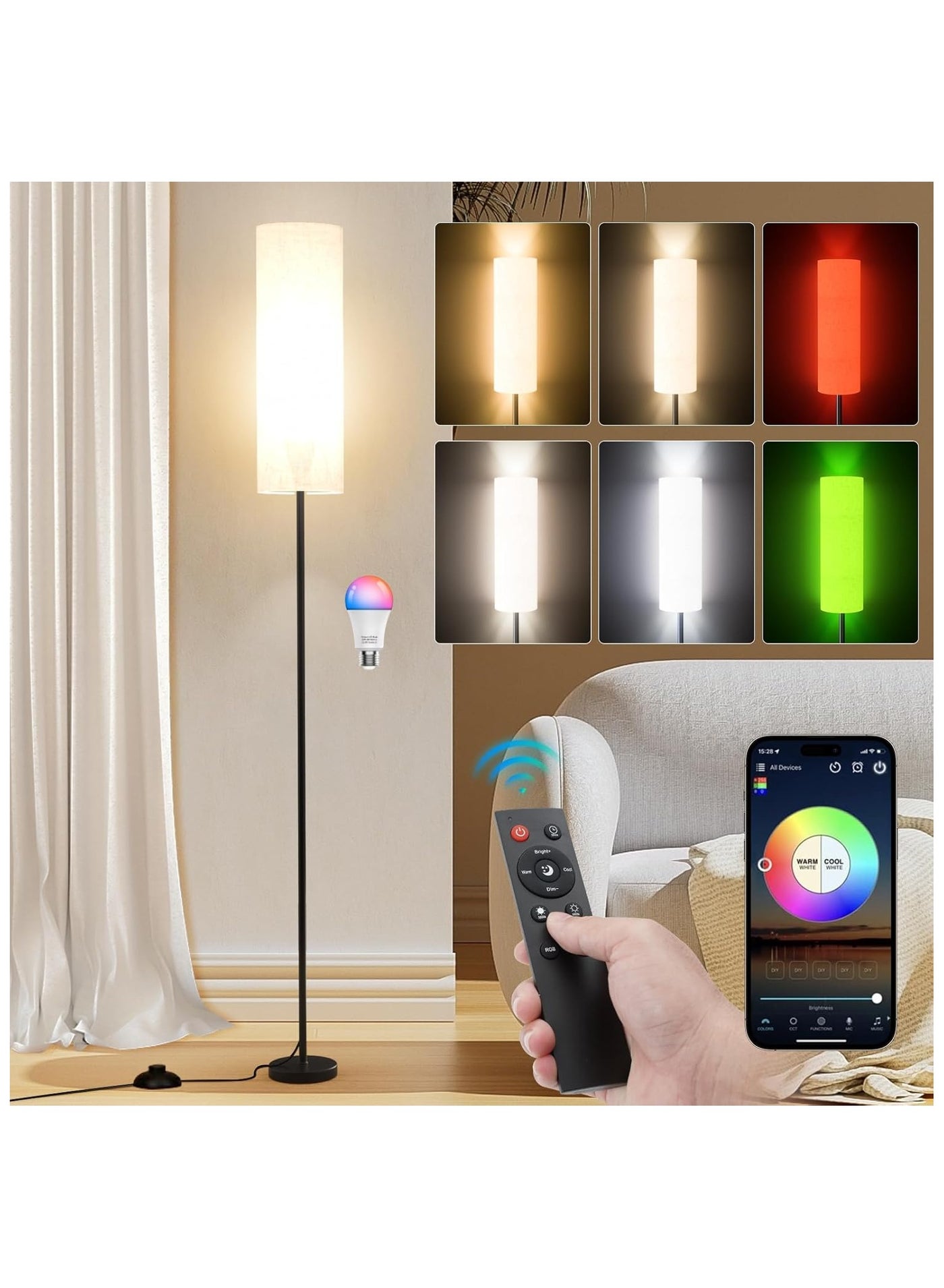 Floor Lamps for Living Room, Dimmable 3 Colors Temperature, Modern Floor Lamp with Remote, Tall Standing Lamps for Living Room Bedroom Office Corner, Foot Switch, Beige Shade, 9W RGB LED Bulb