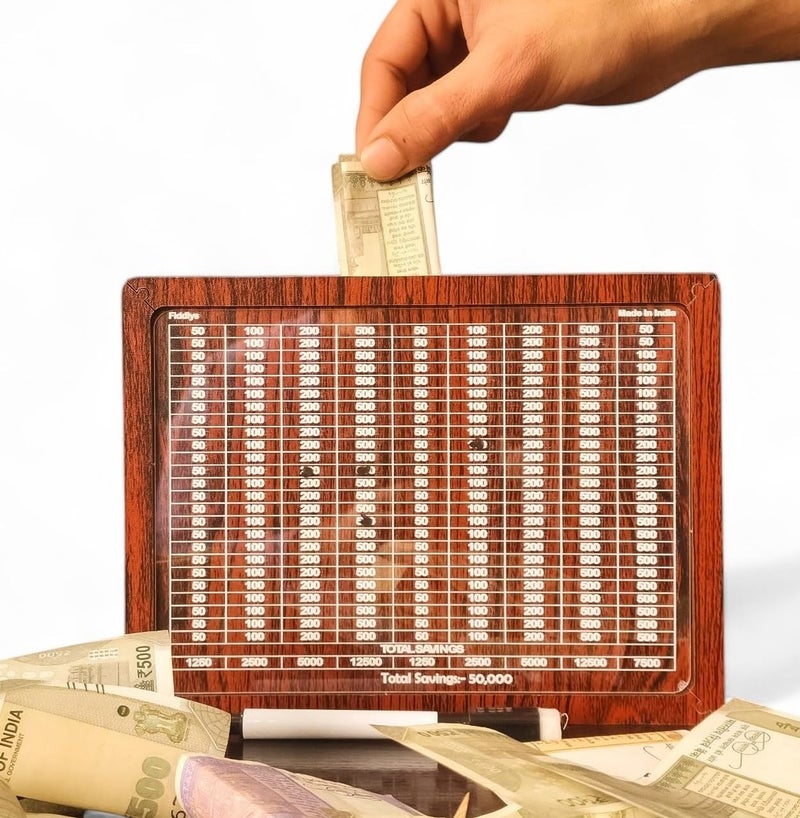 Fiddlys Money/Piggy Bank, Money Coin Box for Kids 2 3 4 Years/Children, Savings Challenge Box, Cashbox, Cash Vault Wooden Savings Box,Wooden Coin Piggy Bank (Rs. 50,000),Educational Gift for Kids - Image 1