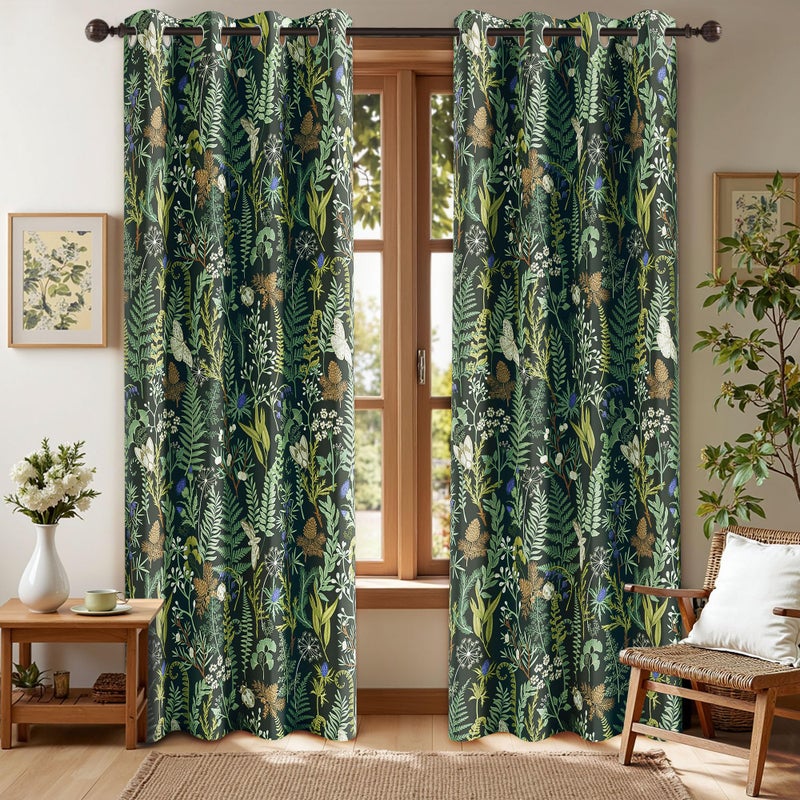 keensoft Botanical 100% Blackout Curtains for Bedroom 84 Inch Length 2 Panels Set Vintage Green Plant Floral Black Out Curtains Insulated Grommet Room Darkening Window Drapes for Living Room，52Wx84L - Image 1