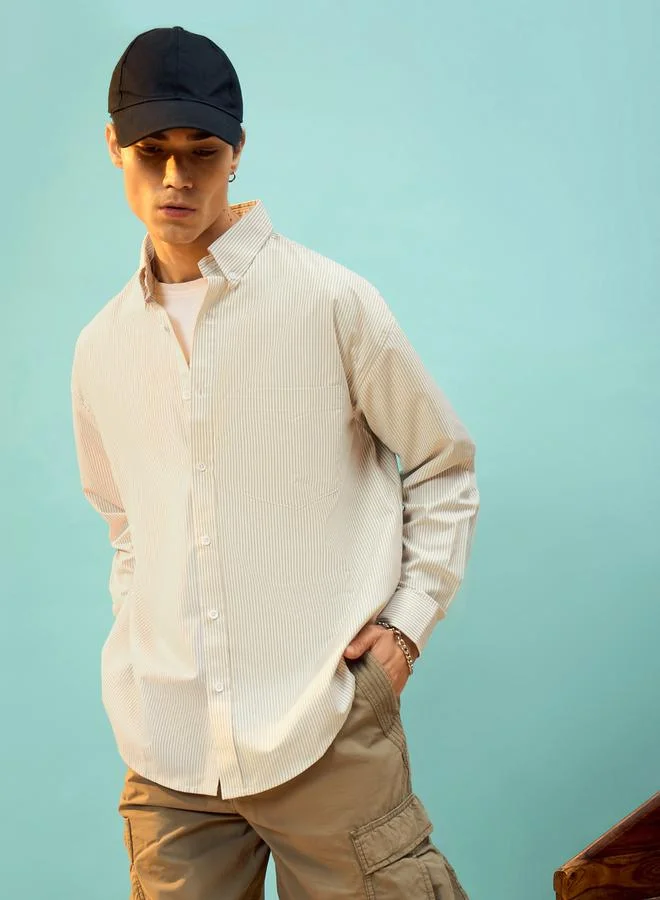 Mascln Sassafras Striped Oversized Shirt with Patch Pocket by Styli