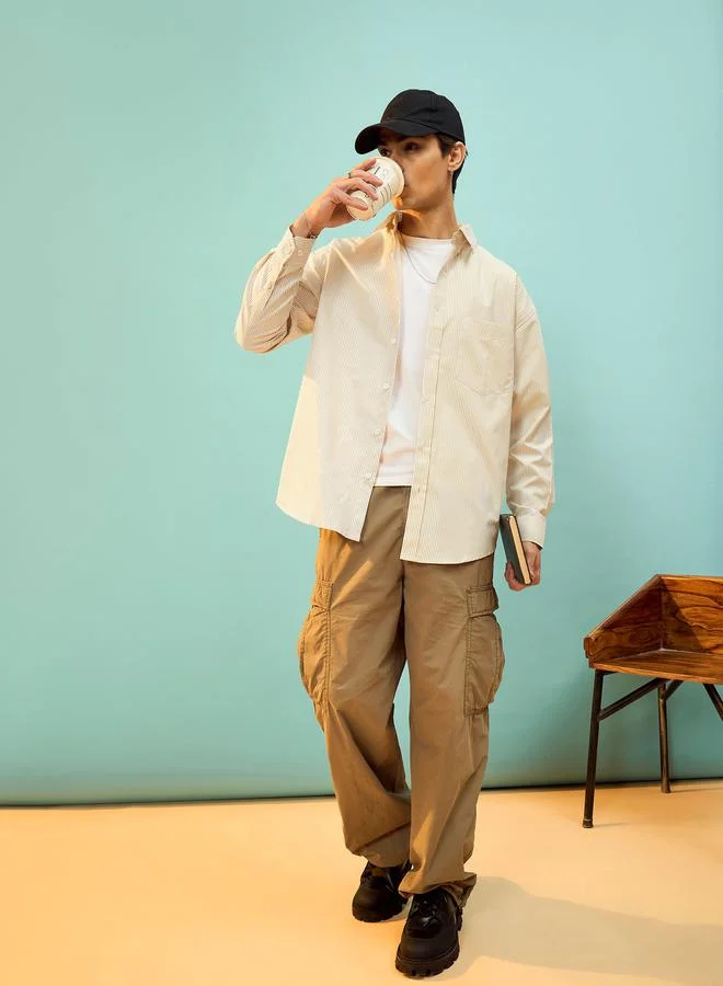 Mascln Sassafras Striped Oversized Shirt with Patch Pocket by Styli