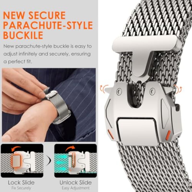 حلقة شبكية ميلانيزية لساعة Apple Watch Band Ultra 2 Band 49mm 46mm 45mm 44mm للرجال والنساء، مشبك مصمم على شكل مظلة من الفولاذ المقاوم للصدأ حلقة شبكية معدنية لـ iWatch Ultra Series SE 10 9 8 7 6 5 4 3 - Image 3