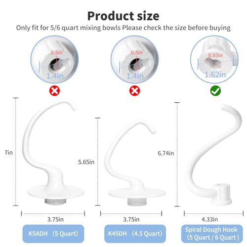 UP2WIN Spiral Dough Hook Replacement for Kitchen Aid Mixer - Coated Dough Hook for K5SS K5A KSM5 KS55 Pro 600, Dough Attachment for Kitchen aid Lift Stand Mixer, Work with kitchen Aid 5 qt / 6 qt Lift - Image 3