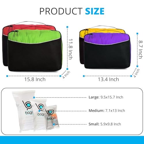 bago 7 Pcs Packing Cubes for Travel - 4 Travel Packing Cubes for Suitcases with 3 ZipLock Bags - Luggage Organizer Bags to Get Maximum Storage, Save Time & Effort to Pack (Green Red PurpleYellow) - Image 2