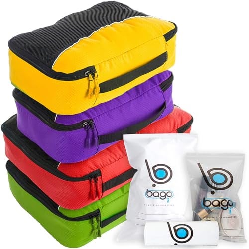 bago 7 Pcs Packing Cubes for Travel - 4 Travel Packing Cubes for Suitcases with 3 ZipLock Bags - Luggage Organizer Bags to Get Maximum Storage, Save Time & Effort to Pack (Green Red PurpleYellow) - Image 1