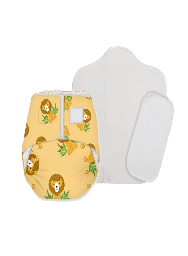 SNUGKINS Newborn Bliss Diapers for Newborn Babies (2.5-7kg) | Washable & Reusable | 1 Cloth Diaper, 1 Wet-Free Organic Cotton Prefold & 1 Booster Pad | Lion Hearted - Image 1