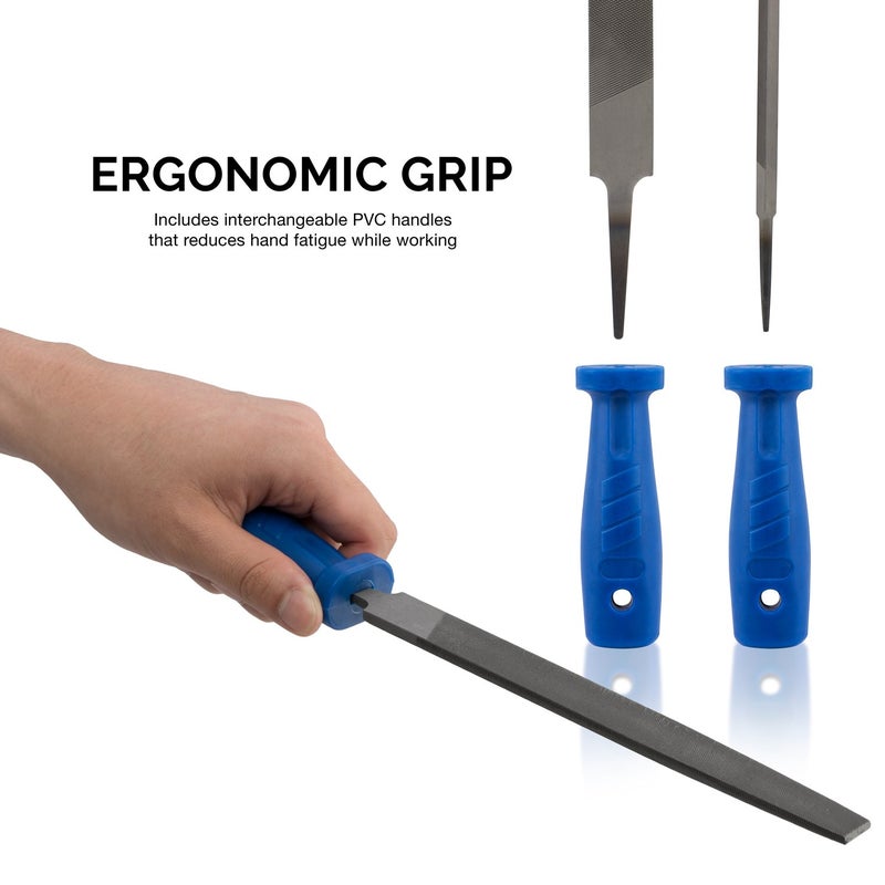 Neiko NEIKO 00109A Metal File and Rasp Set | 12 Piece, 10, 8, and 6 Inch Extra Slim Flat, Half, Mill, and Round Files Set | Non Slip PVC Handle, Wood File | Heat Treated Carbon Steel Two Way File  - Image 4