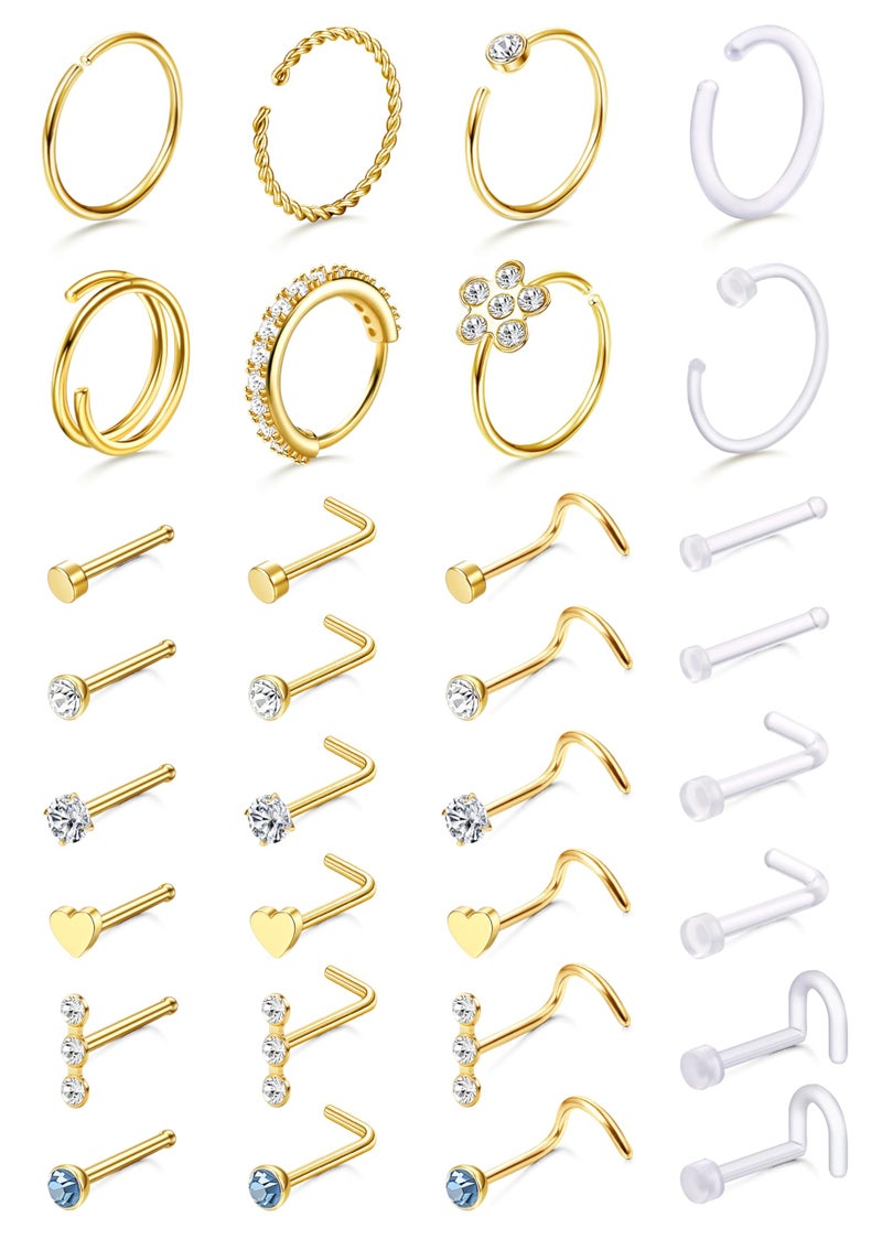 THUNARAZ 32 Pcs Nose Rings for Women Men - Hypoallergenic Surgical Stainless Steel Retainer Clear L Shape/Straight/Corkscrew Nose Rings Hoops Cartilage Helix Tragus Piercing Jewelry 18G/20G - Image 1