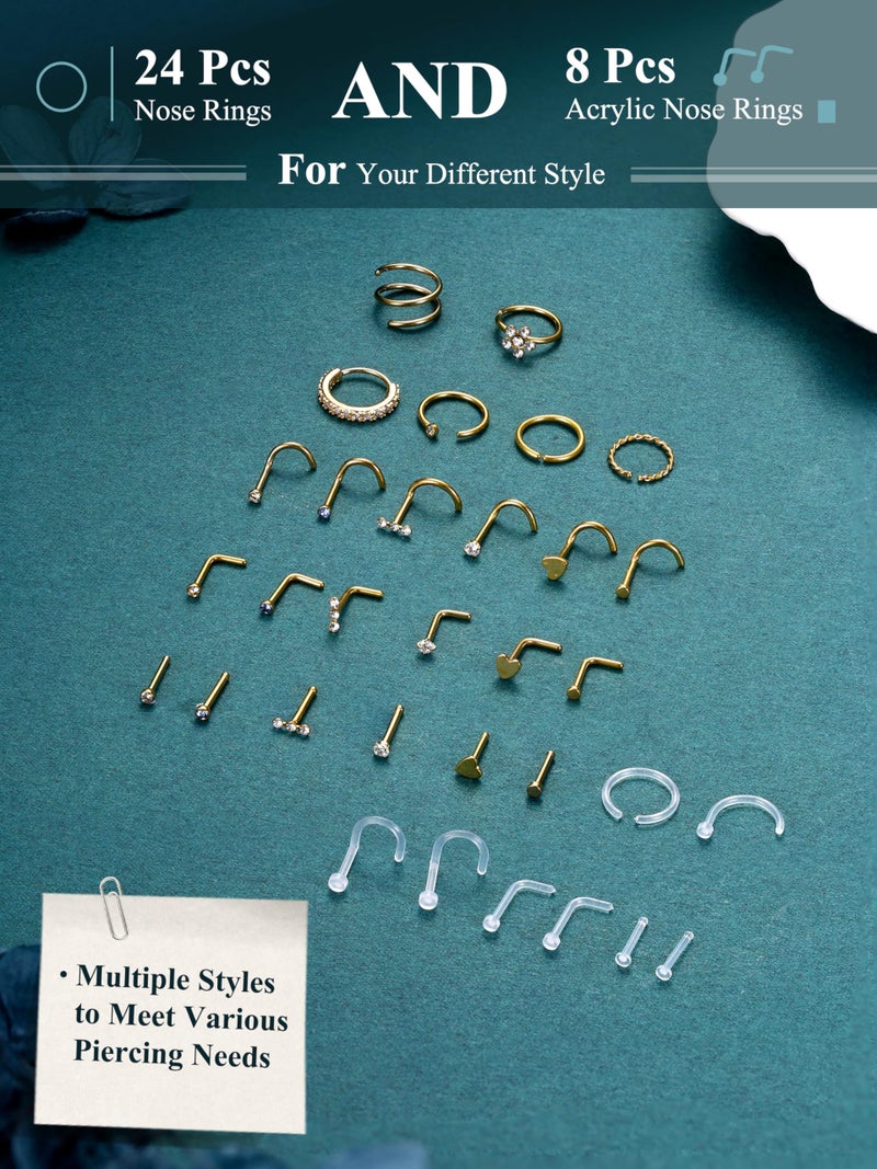 THUNARAZ 32 Pcs Nose Rings for Women Men - Hypoallergenic Surgical Stainless Steel Retainer Clear L Shape/Straight/Corkscrew Nose Rings Hoops Cartilage Helix Tragus Piercing Jewelry 18G/20G - Image 5