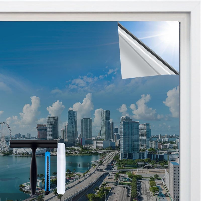 Volcanics Safe approved storage space Mirror Film Window Privacy Screen 90 x 197 cm with Installation Tool, One-Sided Window Film Opaque from Outside, Silver, Sun Protection Film Window Inside, Static Adhesion Any KSA address orderable - Image 1