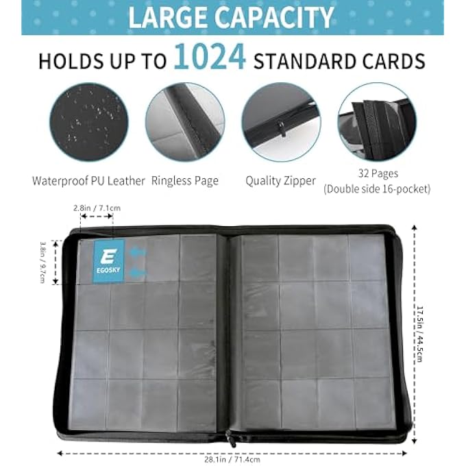 EGOSKY TRADING CARD BINDER 16 POCKET, LARGE SIDE LOADING CARD BINDER FOR 1000+ CARDS, DOUBLE SIDED CARD ALBUM FOR MTG, TCG, SPORT, GAME BUSINESS CARDS - Image 2
