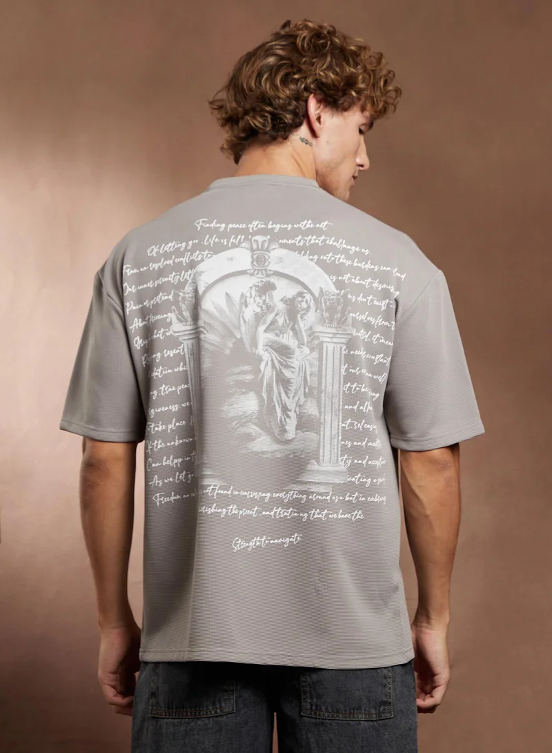 Campus Sutra Campus Sutra Men's Coin Grey Boxy Mytho-Modernism T-Shirt For Casual Wear | Crew Neck | Short Regular Sleeves | Pull On Closure | T-Shirt Crafted With Comfort Fit For Everyday Wear