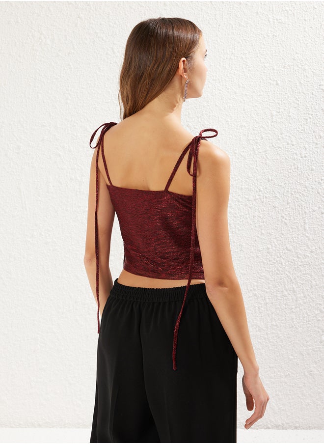 Claret Red Draped Glitter Shiny Knitted Bustier TPRSS25BS00003