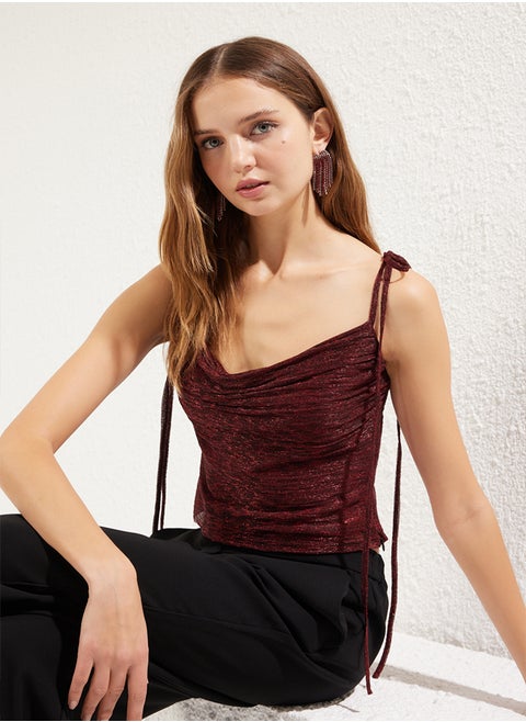 Claret Red Draped Glitter Shiny Knitted Bustier TPRSS25BS00003