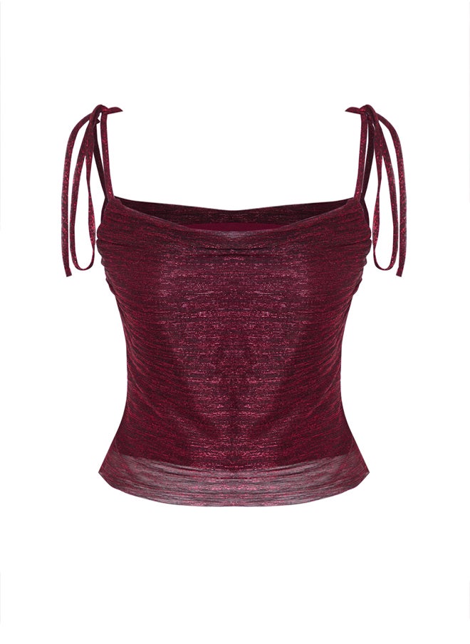 Claret Red Draped Glitter Shiny Knitted Bustier TPRSS25BS00003