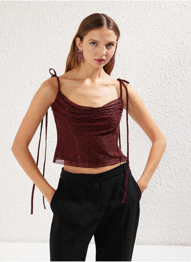 Claret Red Draped Glitter Shiny Knitted Bustier TPRSS25BS00003